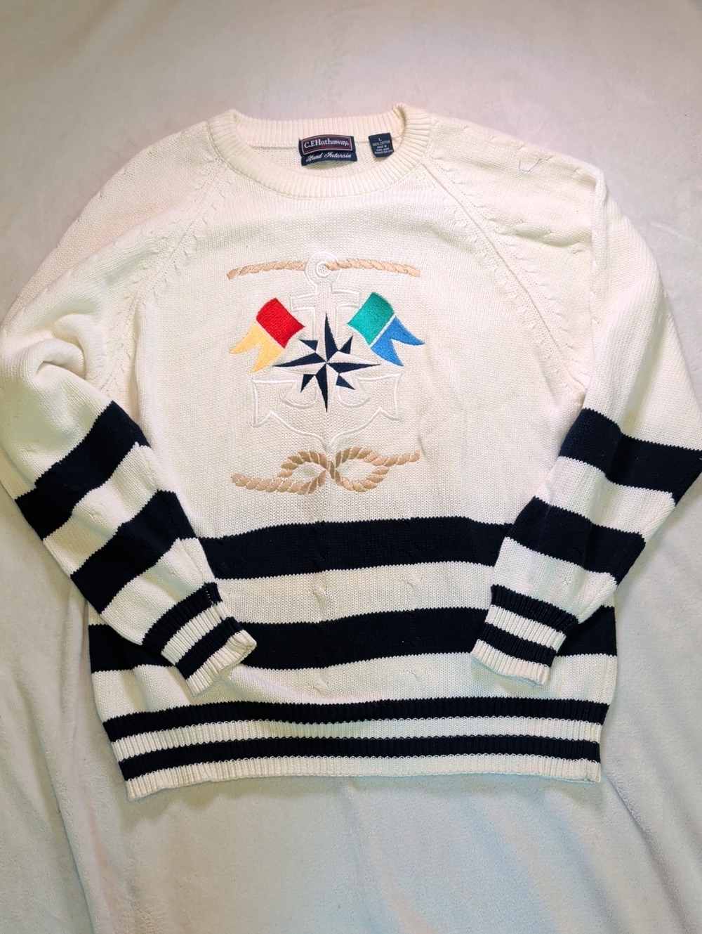 C.H. Hathaway Vintage 100% Cotton White &Navy Nautical Stripe Sweater Coastal